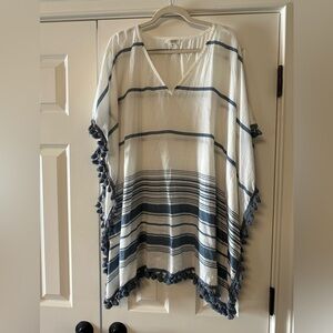 Striped V‑Neck Swim Coverup with Tassel Trim - White & Navy